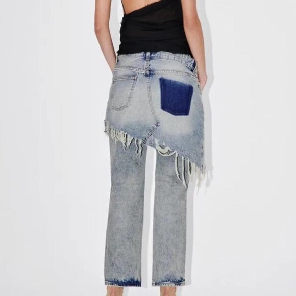 Women's Zara The Layered Denim Pant Blue Jeans Straight Leg Size 2 - Picture 2 of 12